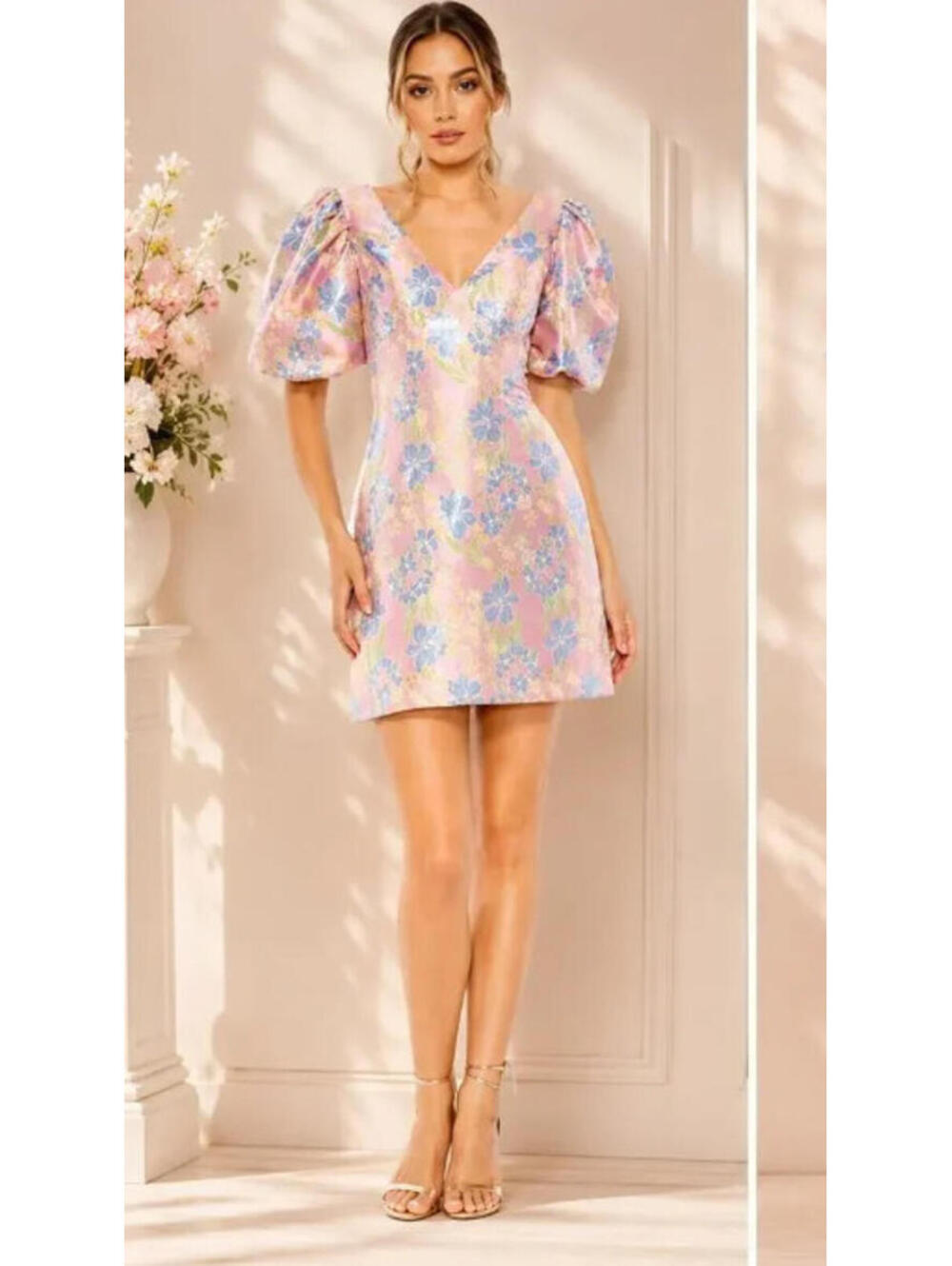 NWT Mac Duggal 49622 Pink Floral Brocade Puff Sleeve Mini Dress Size 12